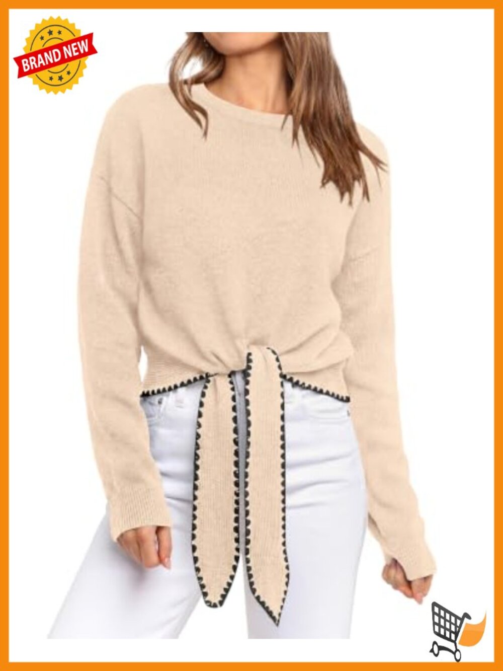 PRETTYGARDEN Women's Cropped Long Sleeve Tie Front Sweater Crewneck Ribbed
